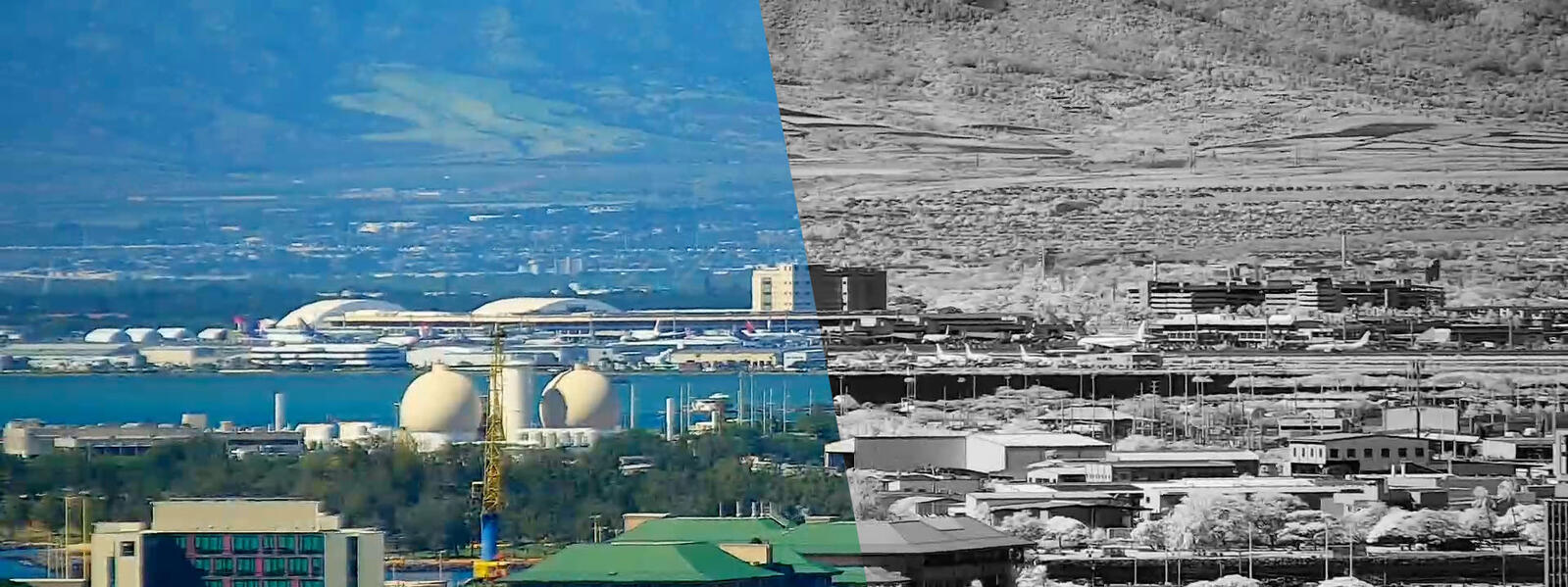 An image showing visible imaging on the left and NIR imaging on the right, cutting through the haze in the scene.